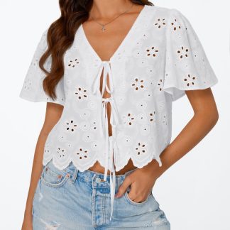 Women's White Hollow Embroidery Lace-Up Cropped Top