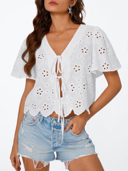 Women's White Hollow Embroidery Lace-Up Cropped Top