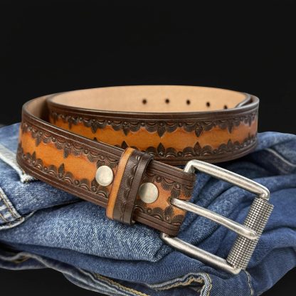 Contrast color carved cowhide belt - Image 6