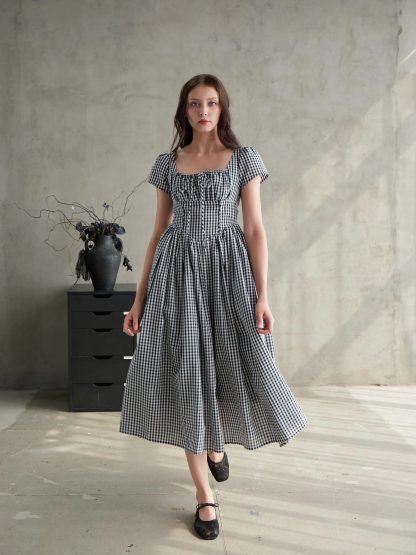 Retro plaid square neck dress - Image 6