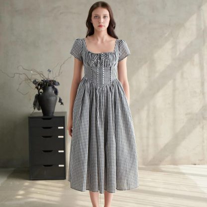 Retro plaid square neck dress - Image 5