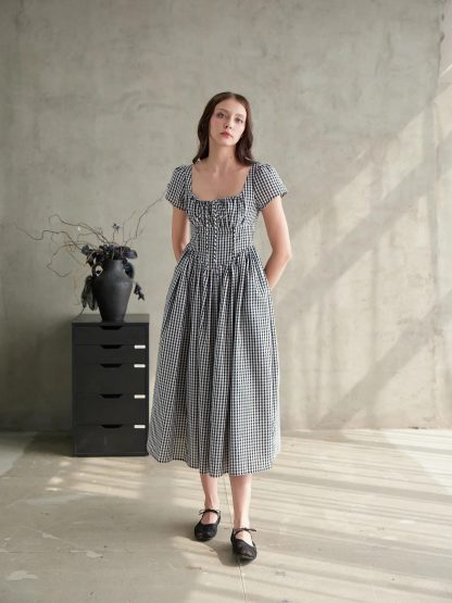 Retro plaid square neck dress - Image 2