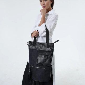 Denim and leather tote bag