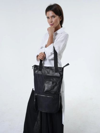 Denim and leather tote bag