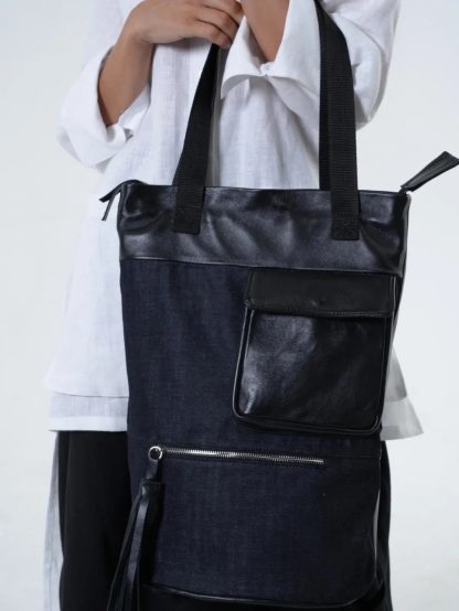 Denim and leather tote bag - Image 3