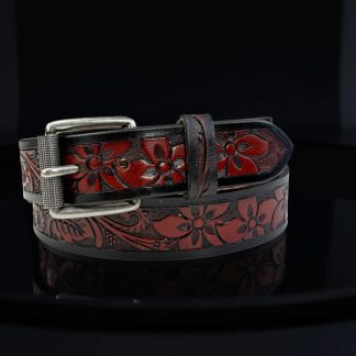 Black and red contrasting floral-carved belt