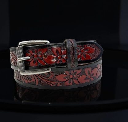 Black and red contrasting floral-carved belt