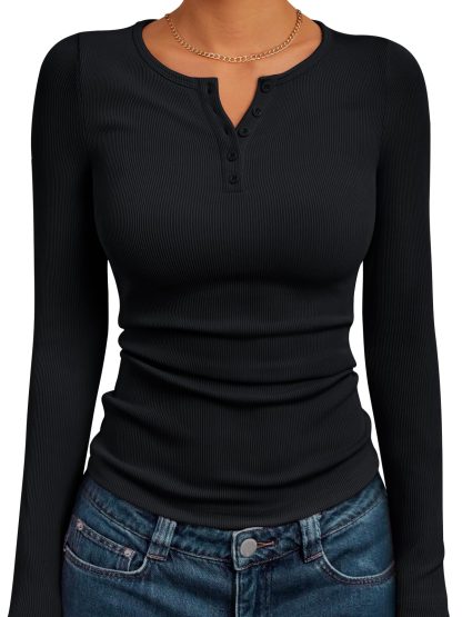 Women's Black Ribbed Henley Neck Long Sleeve Top - Image 5