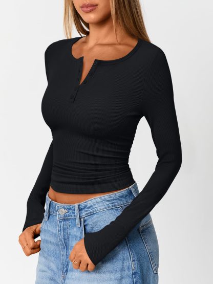 Women's Black Ribbed Henley Neck Long Sleeve Top - Image 3