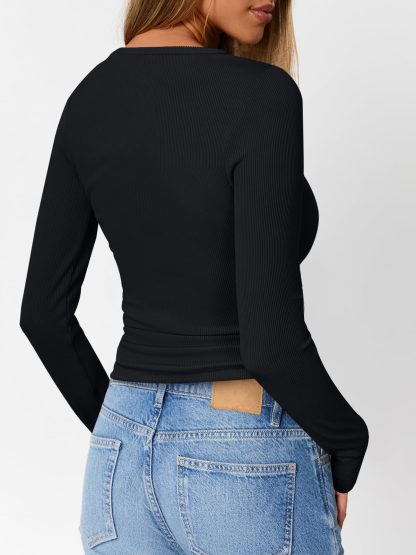 Women's Black Ribbed Henley Neck Long Sleeve Top - Image 2