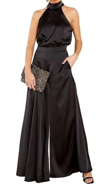 Women's satin open-back wide-leg jumpsuit