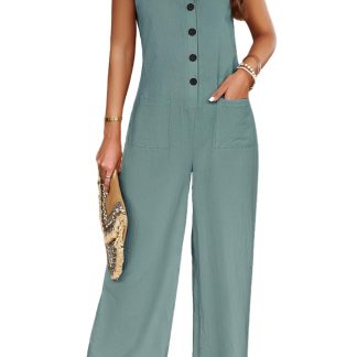 Women's sleeveless front button wide-leg jumpsuit