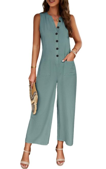 Women's sleeveless front button wide-leg jumpsuit
