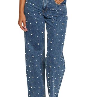 Women's pearl-embellished wide-leg jeans