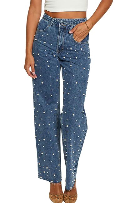 Women's pearl-embellished wide-leg jeans