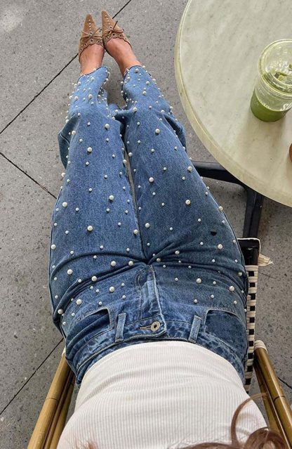 Women's pearl-embellished wide-leg jeans - Image 2