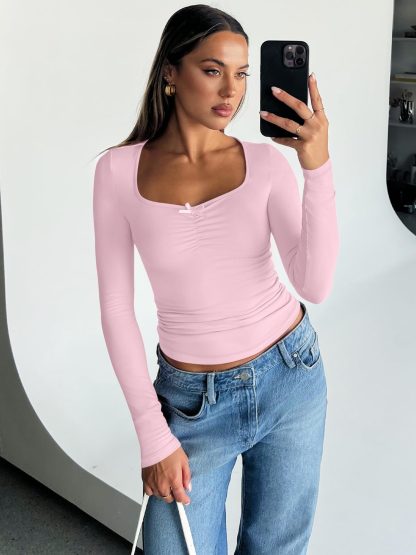 Women's Pink Square Neck Bow Long Sleeve Top - Image 6