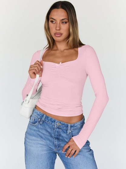 Women's Pink Square Neck Bow Long Sleeve Top - Image 4