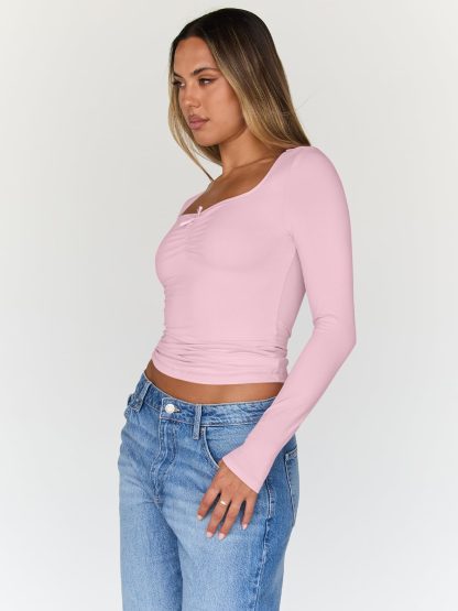 Women's Pink Square Neck Bow Long Sleeve Top - Image 3