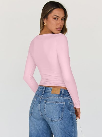 Women's Pink Square Neck Bow Long Sleeve Top - Image 2
