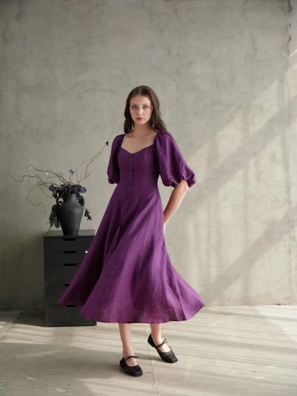 French Square Neck Puff Sleeve Linen Purple Dress - Image 6
