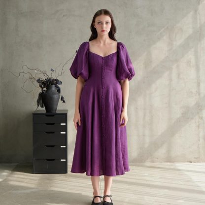 French Square Neck Puff Sleeve Linen Purple Dress - Image 5