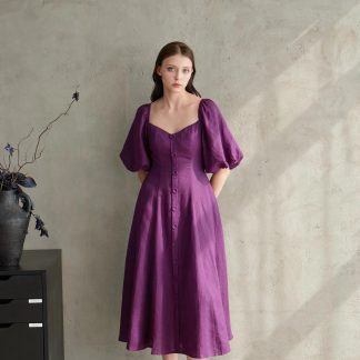 French Square Neck Puff Sleeve Linen Purple Dress