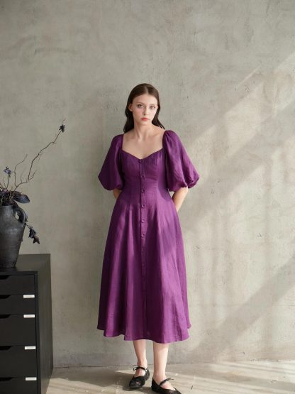 French Square Neck Puff Sleeve Linen Purple Dress