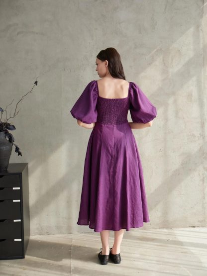 French Square Neck Puff Sleeve Linen Purple Dress - Image 3