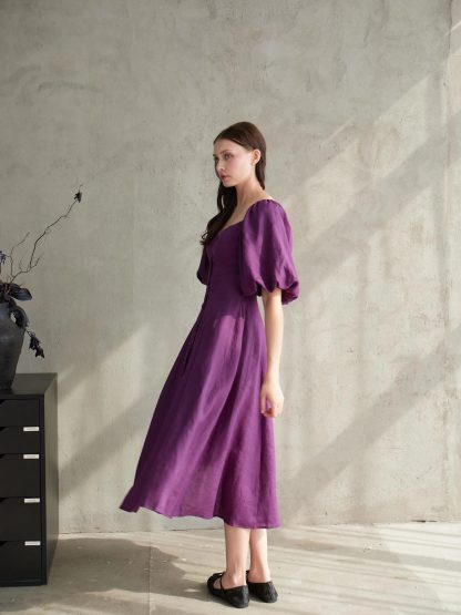 French Square Neck Puff Sleeve Linen Purple Dress - Image 2