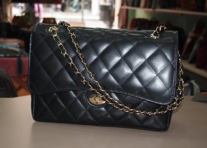 Diamond-patterned black and gold chain bag