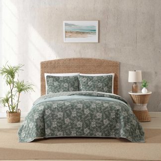 Dark green floral quilted bed cover three-piece set