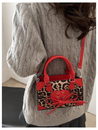 Leopard print and red embellishment mini tote bag