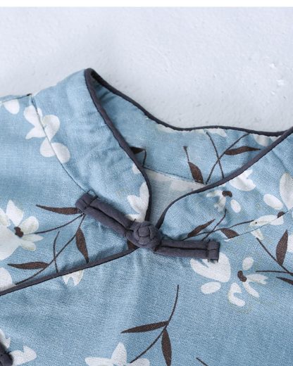 Light blue floral stand collar three-quarter sleeve dress - Image 9