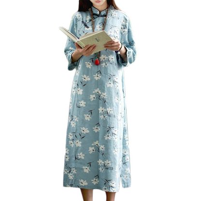 Light blue floral stand collar three-quarter sleeve dress - Image 8