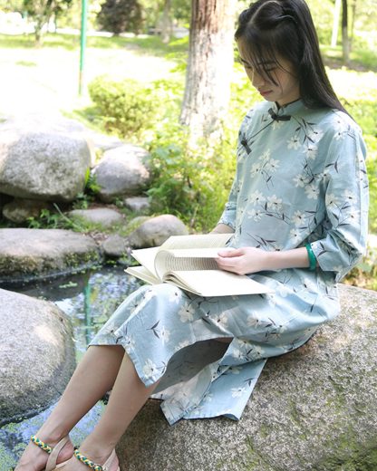 Light blue floral stand collar three-quarter sleeve dress - Image 4