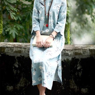 Light blue floral stand collar three-quarter sleeve dress