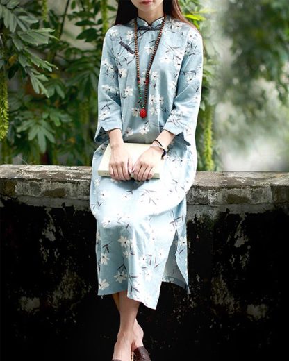 Light blue floral stand collar three-quarter sleeve dress