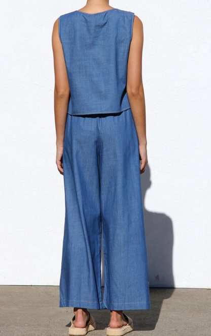 Women's sleeveless tie denim top and wide-leg pants set - Image 8