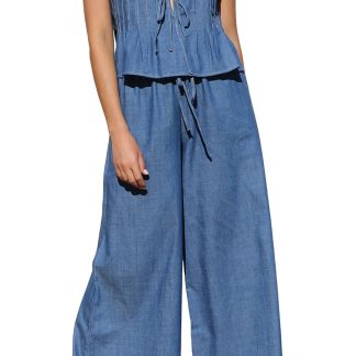 Women's sleeveless tie denim top and wide-leg pants set