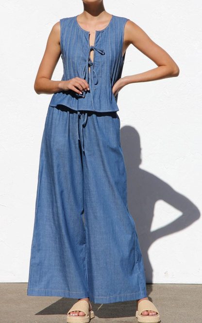 Women's sleeveless tie denim top and wide-leg pants set - Image 6