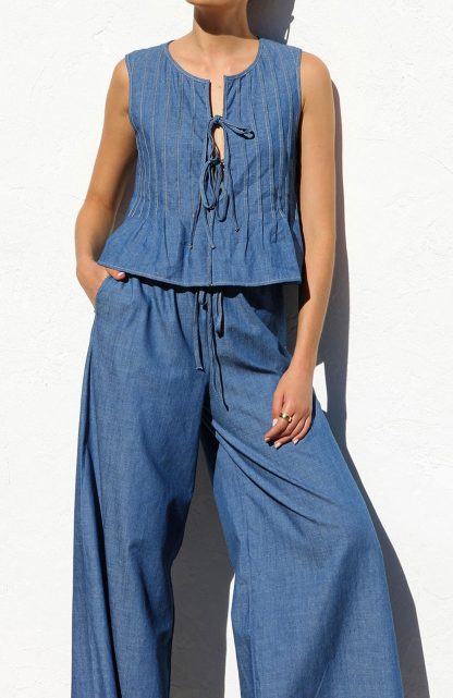 Women's sleeveless tie denim top and wide-leg pants set - Image 5