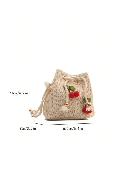 Hand-Woven Straw Cherry Bucket Bag - Image 6
