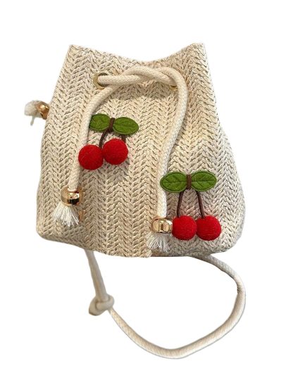 Hand-Woven Straw Cherry Bucket Bag - Image 5