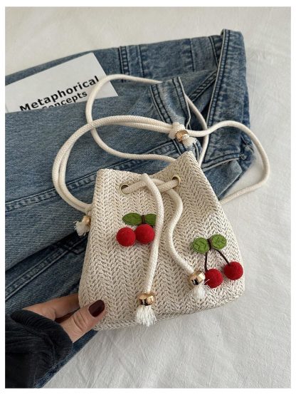 Hand-Woven Straw Cherry Bucket Bag - Image 3