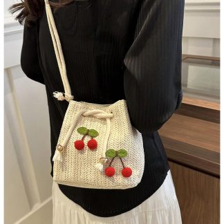 Hand-Woven Straw Cherry Bucket Bag