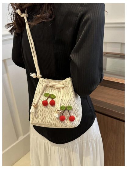 Hand-Woven Straw Cherry Bucket Bag