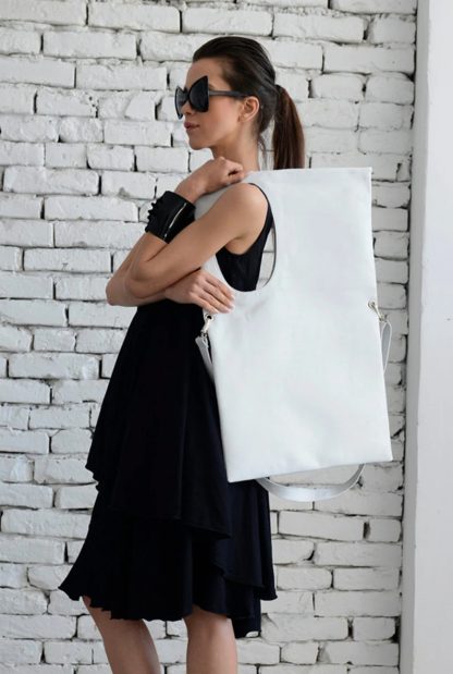 Minimalist white leather tote bag
