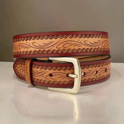 Light brown and burgundy contrasting carved belt - Image 8