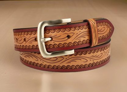 Light brown and burgundy contrasting carved belt - Image 7